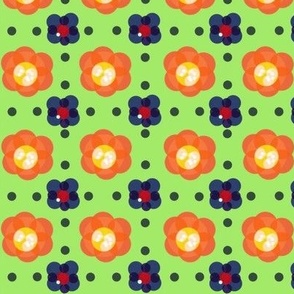 Country orange flowers, blue flowers, dots, on green 