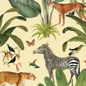 Safari Wildlife Vintage Botanical Tropical Illustration On Light Yellow Medium Size