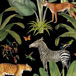 Safari Wildlife Vintage Botanical Tropical Illustration On Black