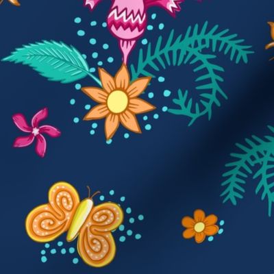 floral bouquets and butterflies on dark blue| large