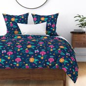 floral bouquets and butterflies on dark blue| large