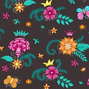 floral bouquets and butterflies on dark brown | large