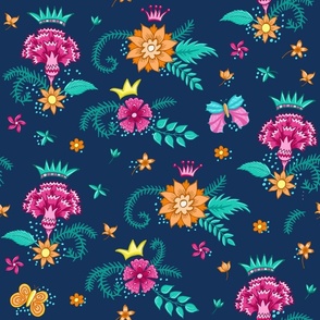 floral bouquets and butterflies on dark blue | medium