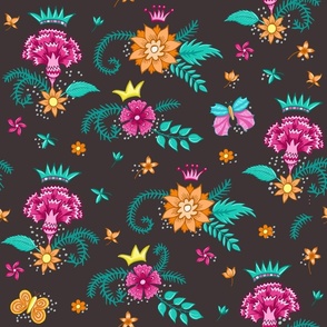 floral bouquets and butterflies on dark brown | medium