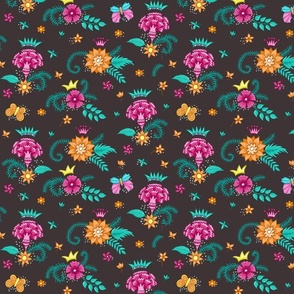 floral bouquets and butterflies on dark brown | small