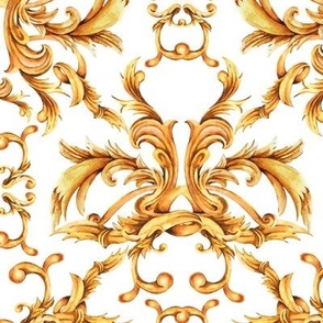 Gold Damask Swirl and Curl on White