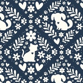 Large Scale Dogs and Cats Floral Damask Ivory on Navy