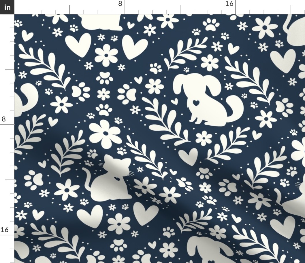 Large Scale Dogs and Cats Floral Damask Ivory on Navy