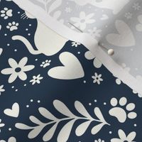 Medium Scale Dogs and Cats Floral Damask Ivory on Navy