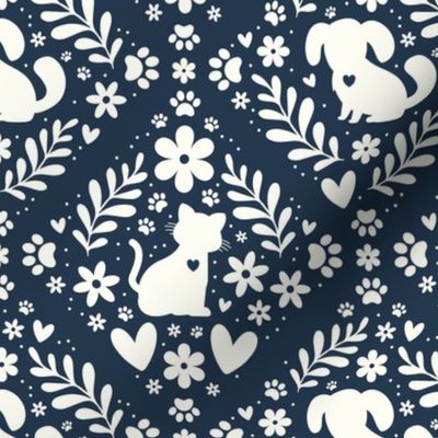 Medium Scale Dogs and Cats Floral Damask Ivory on Navy