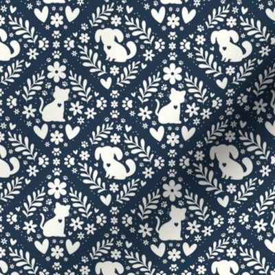 Small Scale Dogs and Cats Floral Damask Ivory on Navy