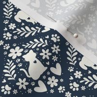 Small Scale Dogs and Cats Floral Damask Ivory on Navy