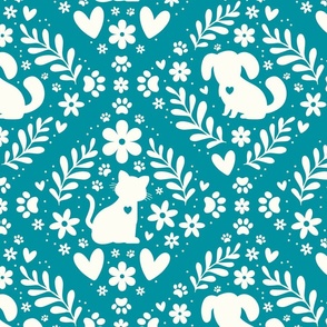 Large Scale Dogs and Cats Floral Damask Ivory on Lagoon Blue