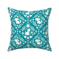 Medium Scale Dogs and Cats Floral Damask Ivory on Lagoon Blue