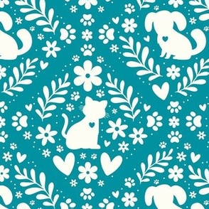 Medium Scale Dogs and Cats Floral Damask Ivory on Lagoon Blue