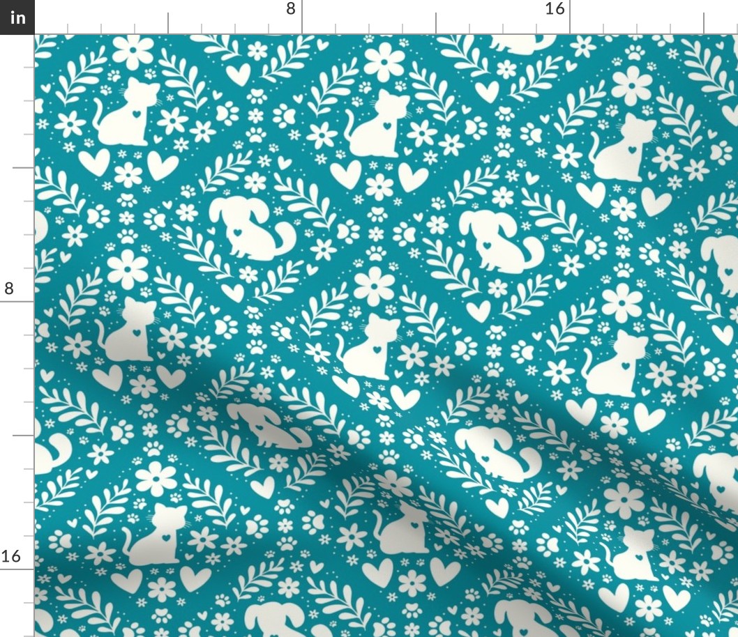 Medium Scale Dogs and Cats Floral Damask Ivory on Lagoon Blue