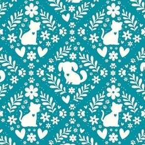 Small Scale Dogs and Cats Floral Damask Ivory on Lagoon Blue