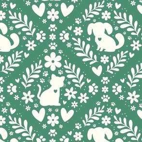 Large Scale Dogs and Cats Floral Damask Ivory on Soft Pine Green