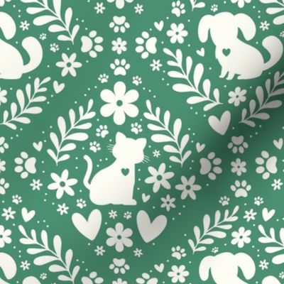 Medium Scale Dogs and Cats Floral Damask Ivory on Soft Pine Green