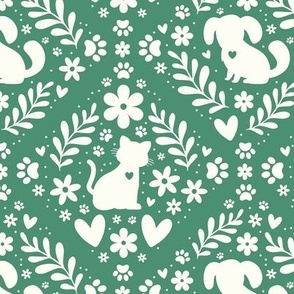 Medium Scale Dogs and Cats Floral Damask Ivory on Soft Pine Green