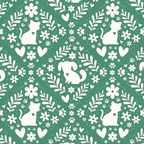Small Scale Dogs and Cats Floral Damask Ivory on Soft Pine Green