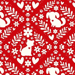 Large Scale Dogs and Cats Floral Damask Ivory on Poppy Red