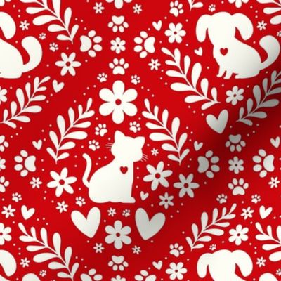 Medium Scale Dogs and Cats Floral Damask Ivory on Poppy Red