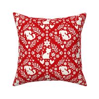Medium Scale Dogs and Cats Floral Damask Ivory on Poppy Red