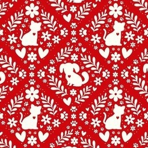 Small Scale Dogs and Cats Floral Damask Ivory on Poppy Red