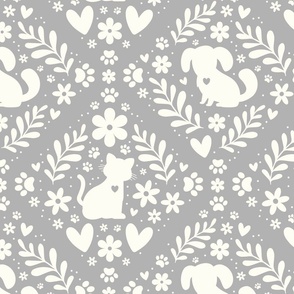 Large Scale Dogs and Cats Floral Damask Ivory on Grey