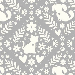 Medium Scale Dogs and Cats Floral Damask Ivory on Grey