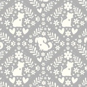 Small Scale Dogs and Cats Floral Damask Ivory on Grey