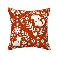 Large Scale Dogs and Cats Floral Damask Ivory on Rust