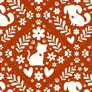Medium Scale Dogs and Cats Floral Damask Ivory on Rust