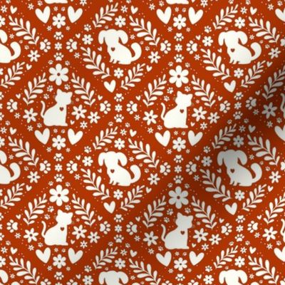 Small Scale Dogs and Cats Floral Damask Ivory on Rust