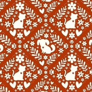 Small Scale Dogs and Cats Floral Damask Ivory on Rust