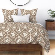 Large Scale Dogs and Cats Floral Damask Ivory on Mushroom Tan