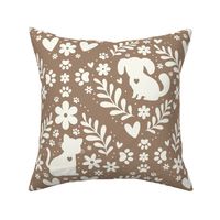 Large Scale Dogs and Cats Floral Damask Ivory on Mushroom Tan