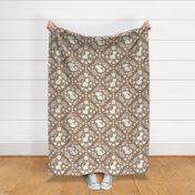 Large Scale Dogs and Cats Floral Damask Ivory on Mushroom Tan