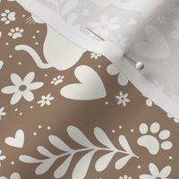 Medium Scale Dogs and Cats Floral Damask Ivory on Mushroom Tan