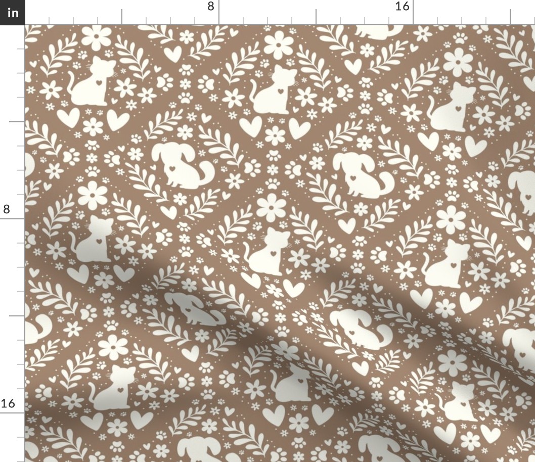 Medium Scale Dogs and Cats Floral Damask Ivory on Mushroom Tan