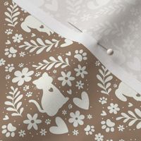Small Scale Dogs and Cats Floral Damask Ivory on Mushroom Tan