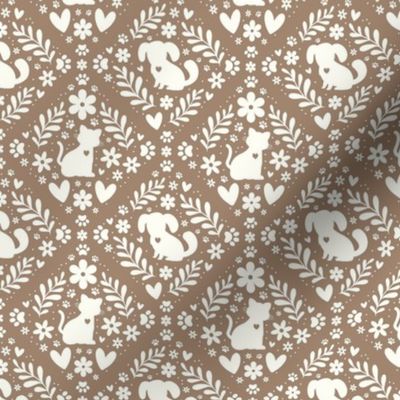 Small Scale Dogs and Cats Floral Damask Ivory on Mushroom Tan