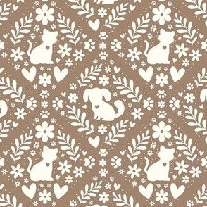 Small Scale Dogs and Cats Floral Damask Ivory on Mushroom Tan