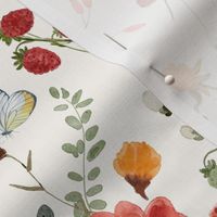 18" a colorful red and blue summer wildflower meadow  - nostalgic berries and Wildflowers, yellow and blue Butterflies and Herbs home decor on white double layer,   Baby Girl and nursery fabric perfect for kidsroom wallpaper, kids room, kids decor