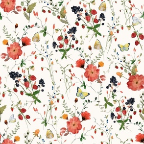 18" a colorful red and blue summer wildflower meadow  - nostalgic berries and Wildflowers, yellow and blue Butterflies and Herbs home decor on white double layer,   Baby Girl and nursery fabric perfect for kidsroom wallpaper, kids room, kids decor