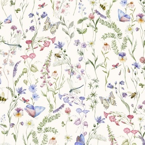 21" a colorful pink and blue summer wildflower meadow  - nostalgic Wildflowers, blue Butterflies and Herbs home decor on white double layer,   Baby Girl and nursery fabric perfect for kidsroom wallpaper, kids room, kids decor