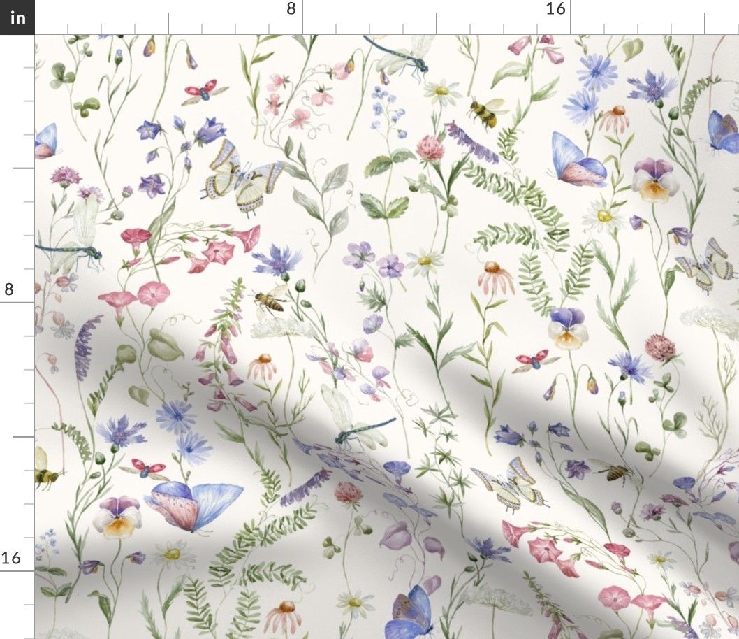 21" a colorful pink and blue summer wildflower meadow  - nostalgic Wildflowers, blue Butterflies and Herbs home decor on white double layer,   Baby Girl and nursery fabric perfect for kidsroom wallpaper, kids room, kids decor