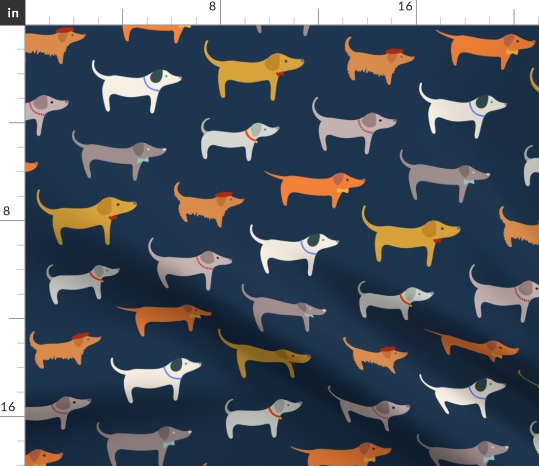 woof woof happy dogs XL wallpaper scale navy by Pippa Shaw