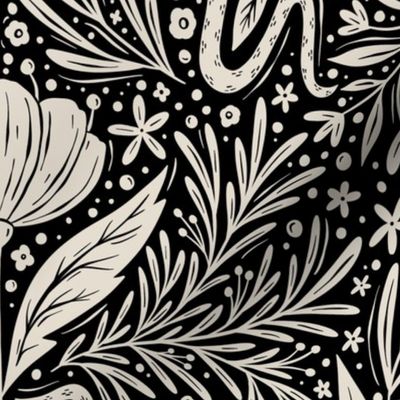 Snake Floral Damask - cream on charcoal - large